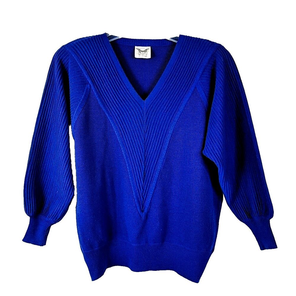 Macho Royal Blue V-Neck Sweater 80s Vintage Women Size 8 Medium Ribbed Austria
